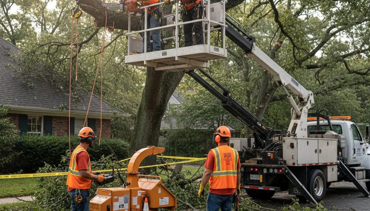 Emergency tree service crew removing storm-damaged tree in Naperville, IL