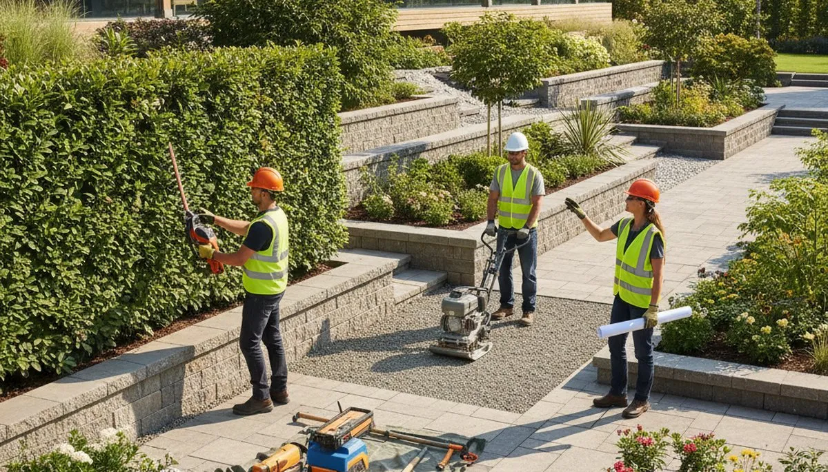 Naperville, IL tree service crew designing a landscape plan around mature trees and outdoor spaces