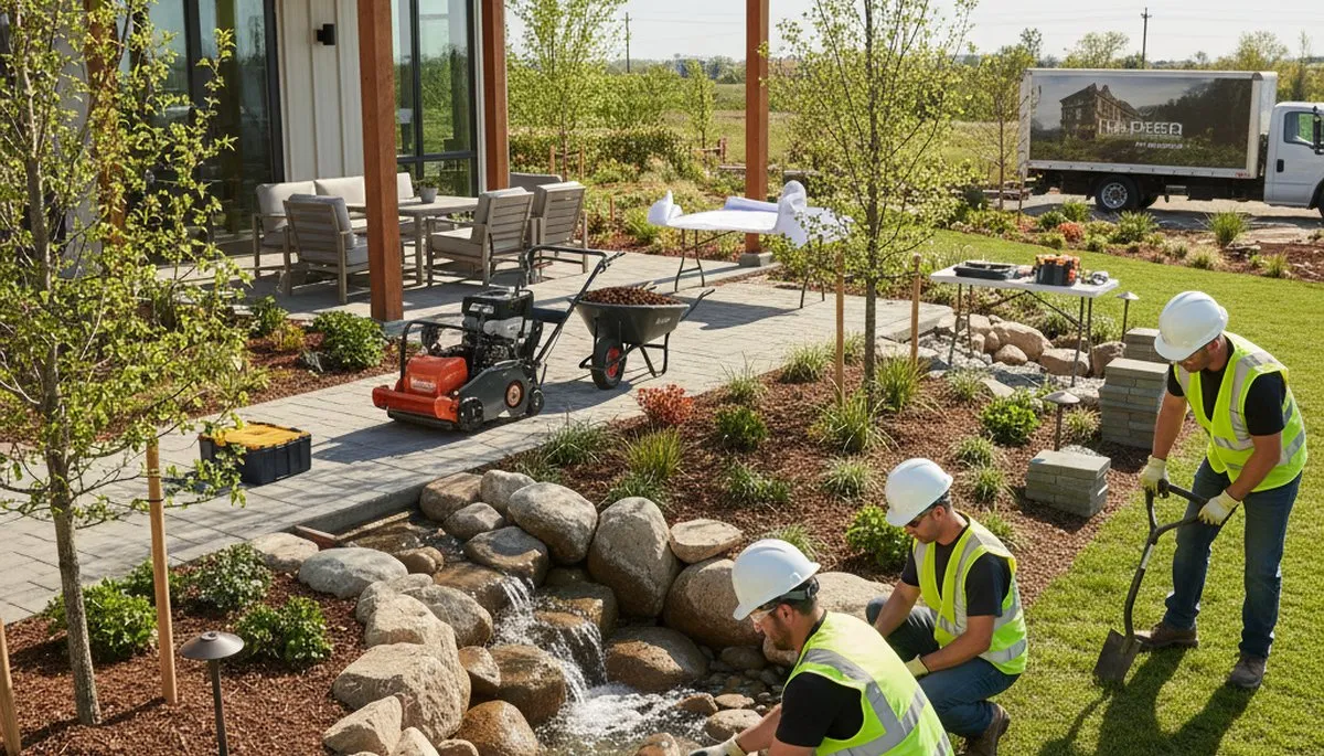 Naperville, IL tree service crew planning landscape design around mature trees
