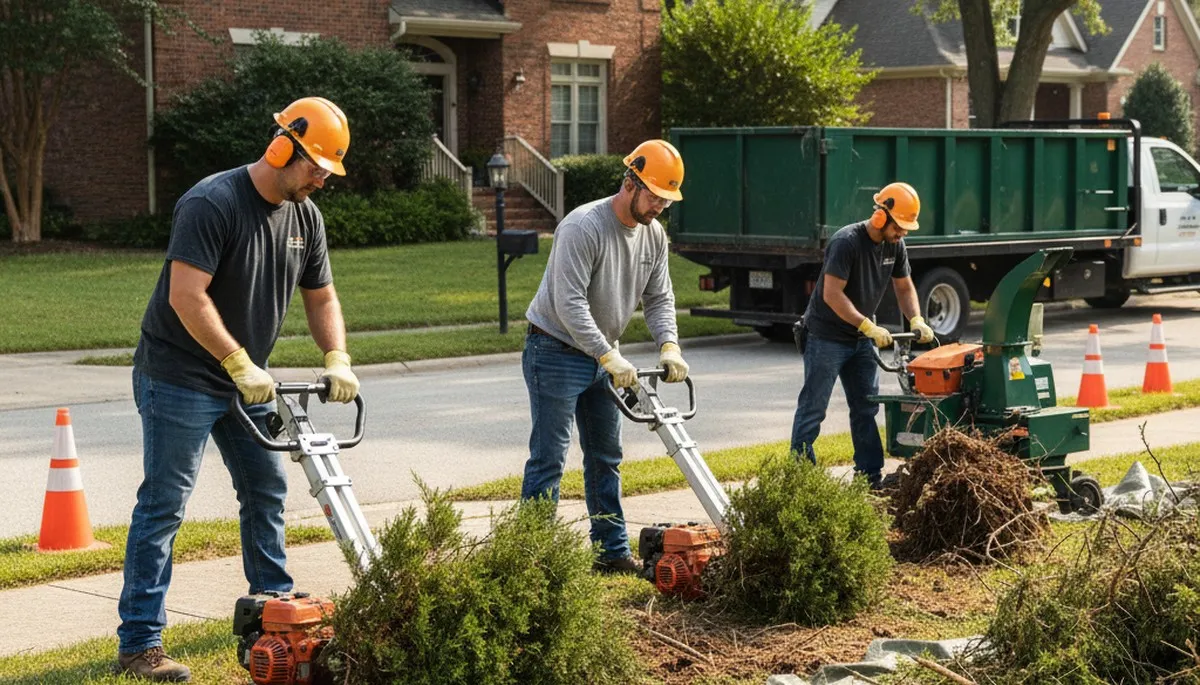Shrub removal crew clearing overgrown bushes in Naperville, IL for a tree service project
