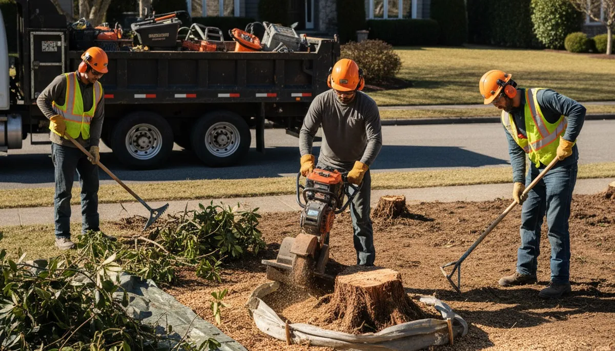 Naperville, IL tree service crew removing overgrown shrubs for safe, efficient yard cleanup