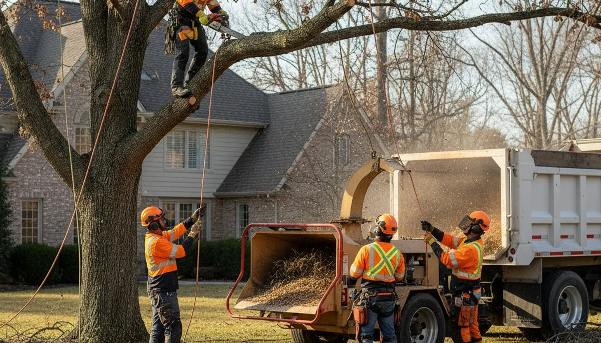 Naperville, IL tree removal crew safely removing a dead, hazardous tree from a residential property