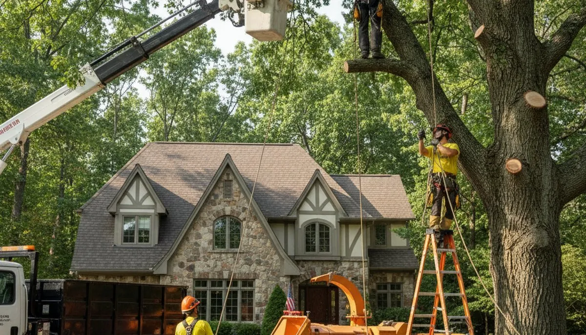 Tree service crew in Naperville, IL handling professional tree trimming and removal on a residential property