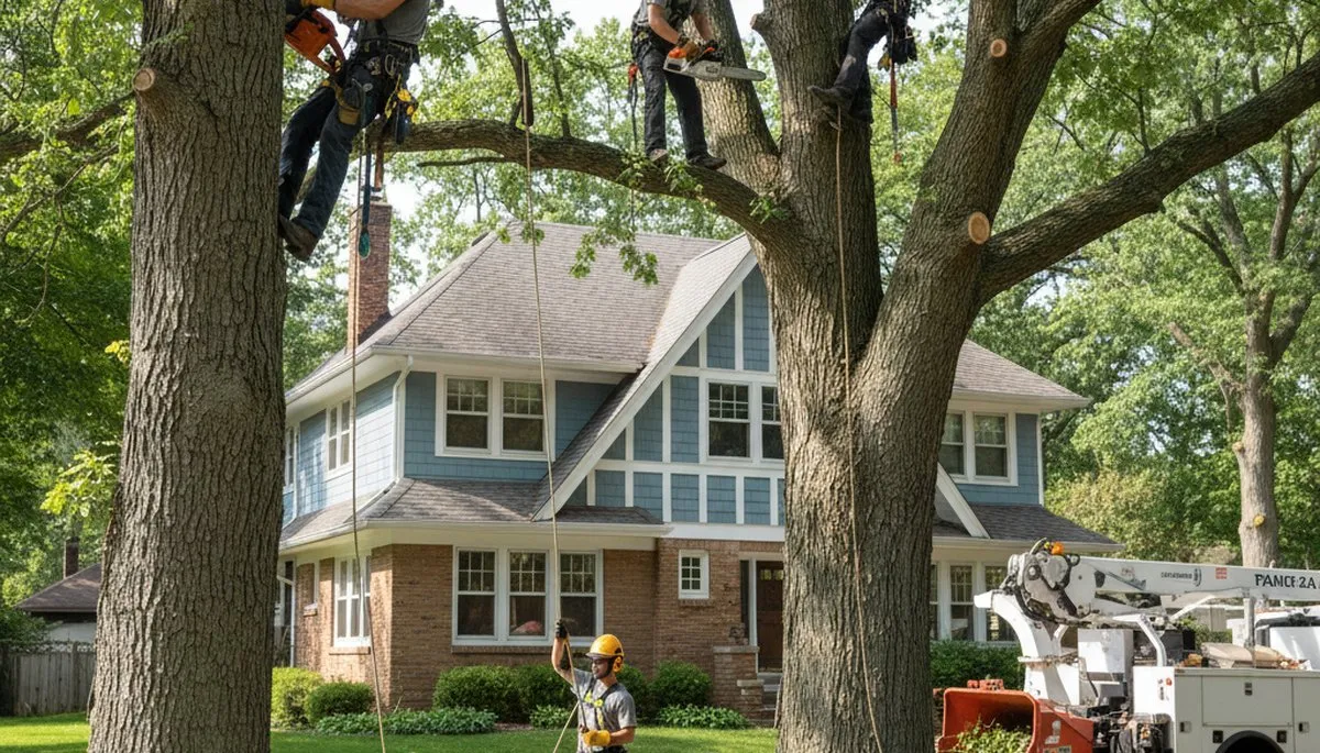 Tree service crew in Naperville, IL handling tree trimming and removal for a local property