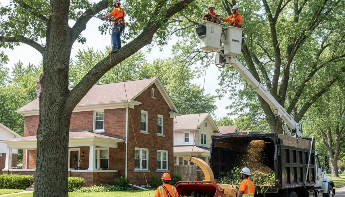 Tree service crew in Naperville, IL handling professional tree care for a local property